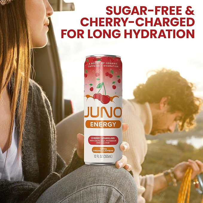 JUNO ENERGY Organic Cherry Sparkling Drink - Sugar Free Electrolytes, Energizing and Hydrating with 125mg Organic Caffeine from Green Coffee Beans, Organic Monk Fruit, Organic Sour and Black Cherry Juice & Electrolytes - Vegan, Gluten Free, 12 Pack-FlexoryFit