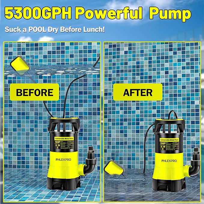 Submersible Water Pump 1HP 5300GPH High Flow Clean/Dirty Water Transfer Pump with Automatic Float Switch,26FT Long Cord,Sump Pump for Pool, Pond,Garden, Flooded Cellar, Aquarium and Irrigation