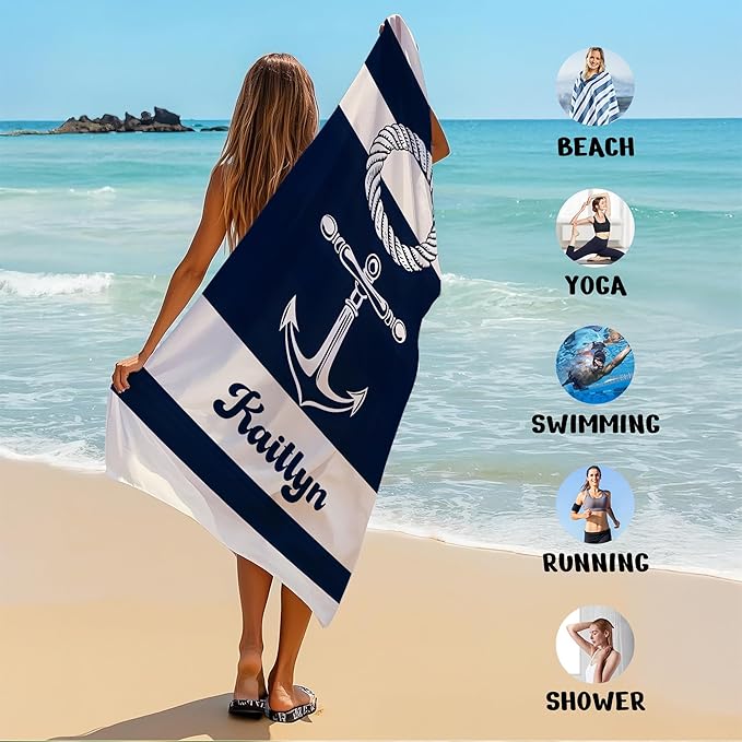 JML Personalized Beach Towel with Name, Custom Anchor Beach Towel, Customized Microfiber Pool Towel, Quick Dry & Absorbent Swim Towel for Adult,Mother's Day, Birthday, Summer Holiday,Vacation-FlexoryFit