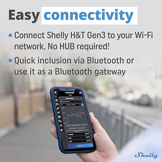 Shelly H&T Gen3 Black | Wi-Fi and Bluetooth Smart Temperature & Humidity Sensor with Remote App Control & Monitoring | Smart Scenes | Notification Alerts | LCD Display | Free Data Storage Export
