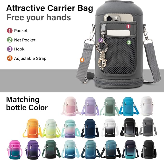 Insulated Water Bottle | Thickened Stainless Steel Vacuum Metal | Portable Sports Half Gallon Large Water Jug for Gym and Hiking with Straw, Carrier Bag, Handle Strap | BPA-Free 64 oz-FlexoryFit