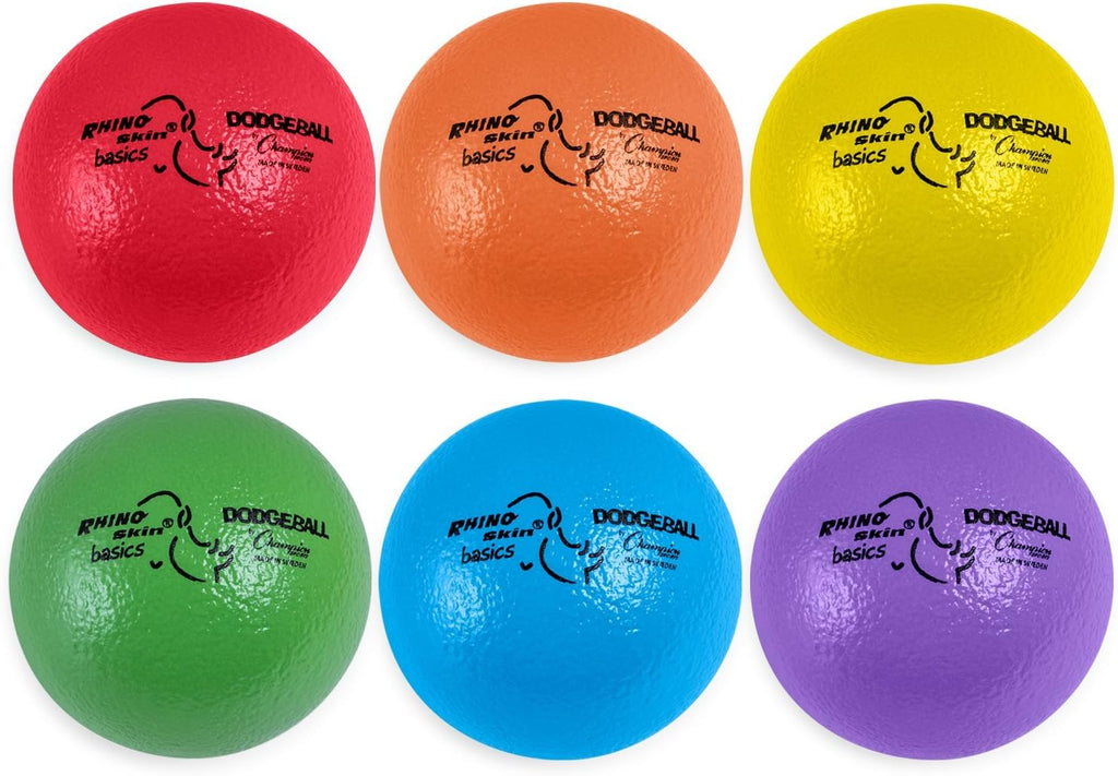 Champion Sports Rhino Skin Dodgeball Set – 6 Soft Foam Dodgeballs with Tear-Resistant Coating, Grip Surface, Low Bounce, Mesh Bag, Indoor & Outdoor Playground or PE Class Ball Set – 6” or 7”