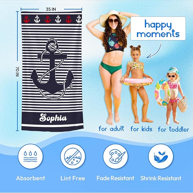 JML Personalized Beach Towel with Name, Custom Anchor Beach Towel, Customized Microfiber Pool Towel, Quick Dry & Absorbent Swim Towel for Adult,Anniversary, Birthday, Summer Holiday,Vacation-FlexoryFit