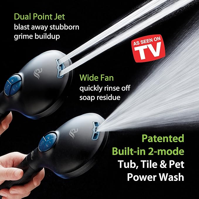 AquaCare High Pressure 6-way Dual Shower Head Combo with Built-in Filter & Power Wash - Clean Tub, Tile & Pets. Remove Chlorine, Lead & Toxins from Water to Protect Skin, Hair, & Nails. Matte Black