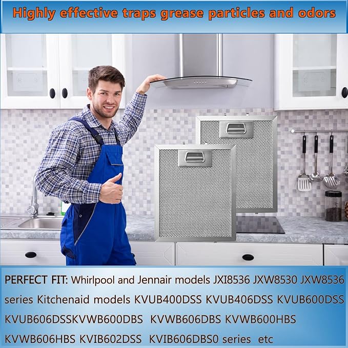 W10915369 Range Hood Filter 8.75 X 7.5 Inch Fit for Kitch-en Aid Whirlpo-ol Je-nn Air Exhaust Fan Filters 5-Layer Aluminum Grease Vent Filter Replacement PS11769929 W10727013 AP6037197 4455083 2pack