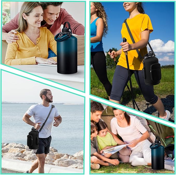 1 Gallon Water Bottle Stainless Steel - 128oz Insulated Flask Water Bottle with Sleeve Strap, Big Water Jug with Straw & Spout Lid, Gym Camping Gallon Water Bottle w/Paracord Handle, protective Boot-FlexoryFit