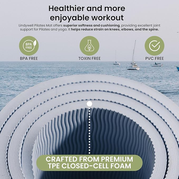 Lindywell Pilates Yoga Workout Mat Non Slip 6mm, 8mm, 10mm Thick - 6ft x 26in-FlexoryFit