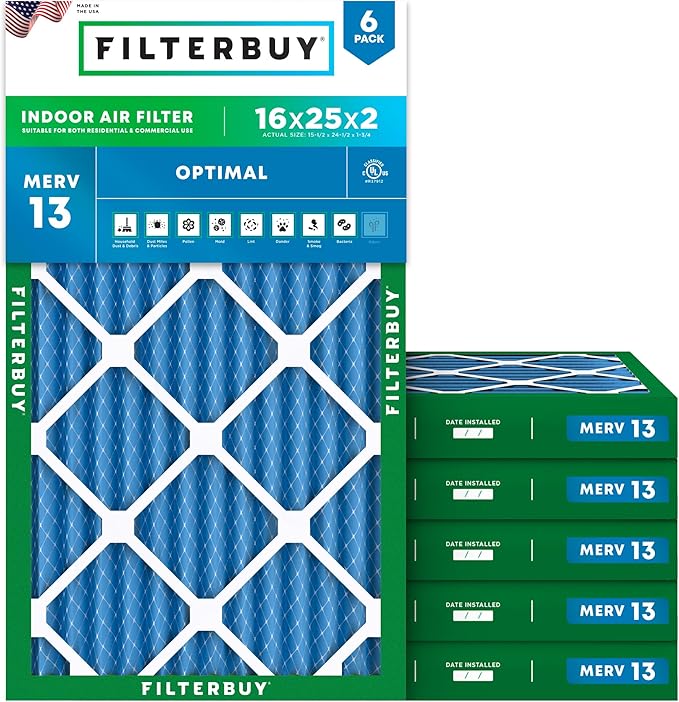 Filterbuy 16x25x2 Air Filter MERV 13 (MPR 1900) Health Defense Replacement (6-Pack), Electrostatic Pleated HVAC AC Furnace Filters, Made in USA (Actual Size: 15.50 x 24.50 x 1.75)