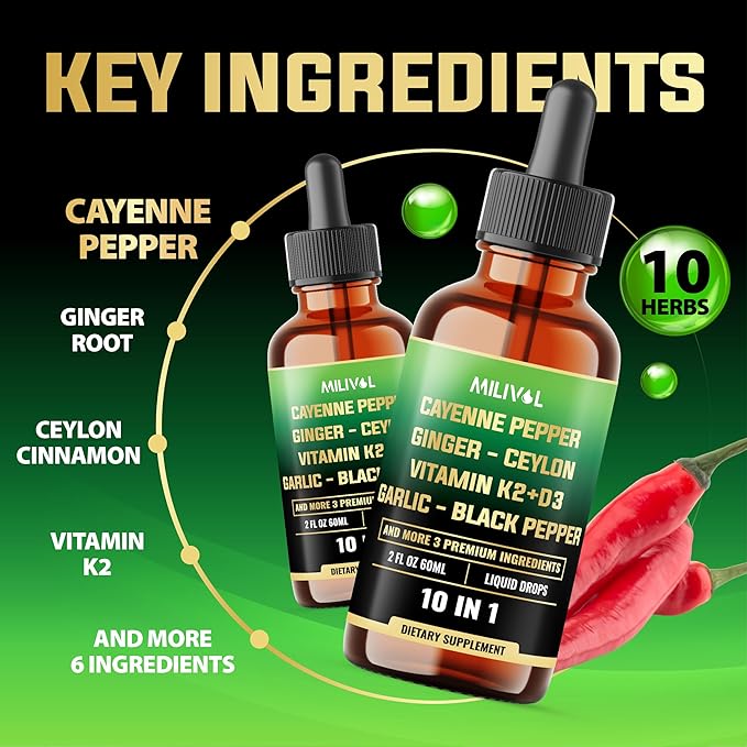 10in1 Cayenne Pepper Liquid Drops + Ginger, Ceylon Cinnamon, Vitamin D3, Vitamin K2, Garlic, Black Pepper and More - Digestion Support - 2 Fl Oz - 2 Months Supply-FlexoryFit