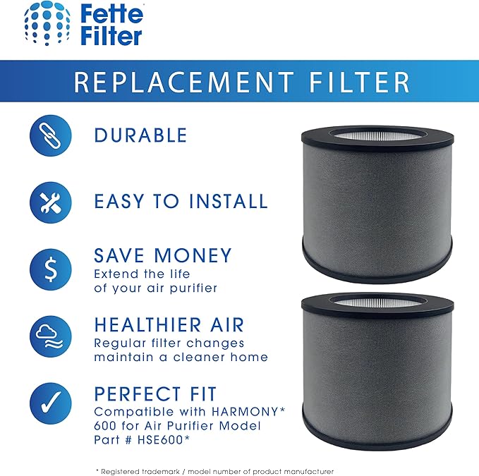 Fette Filter - HSE600 Replacement H13 True HEPA Filter Compatible with HARMONY 600 for Air Purifier Model HSE600 4-stage filtration system. Includes 2 Replacement Filter.