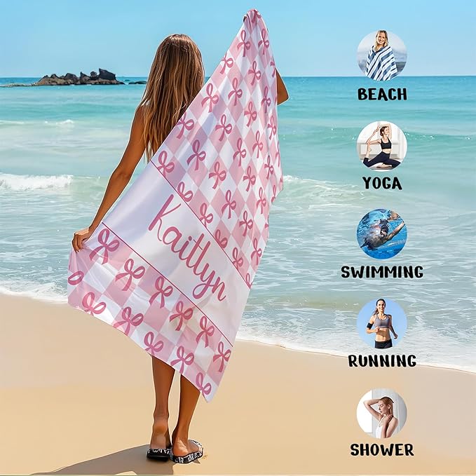 JML Personalized Beach Towel with Name, Custom Beach Towel with Text, Customized Bow Microfiber Pool Towel, Quick Dry & Absorbent Swim Towel for Adult,Anniversary, Birthday, Summer Holiday,Vacation-FlexoryFit