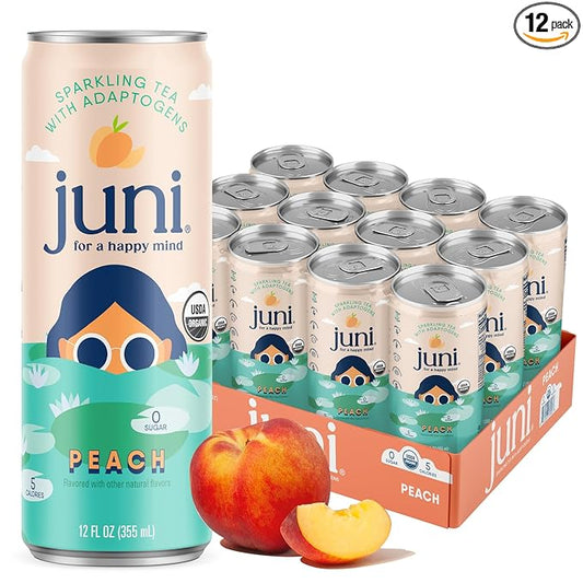 Juni Sparkling Adaptogen Drink with Ashwagandha, Lion’s Mane & Reishi Mushrooms | Green Tea for Focus, Zero Sugar, 5 Calories, Organic | Non Alcoholic Drinks - Peach 12 pack-FlexoryFit