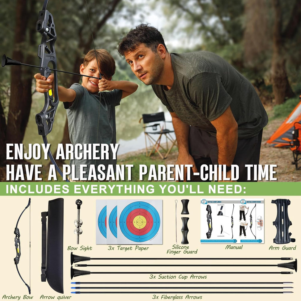 Bow and Arrow Set for Teens Beginners Adults Archery Recurve Bow, Upgraded Arrow Rest, Soft Silicone Finger Guard, 18lbs Longbow Kit with 6X Arrows Backyard Games Gift for Outdoor