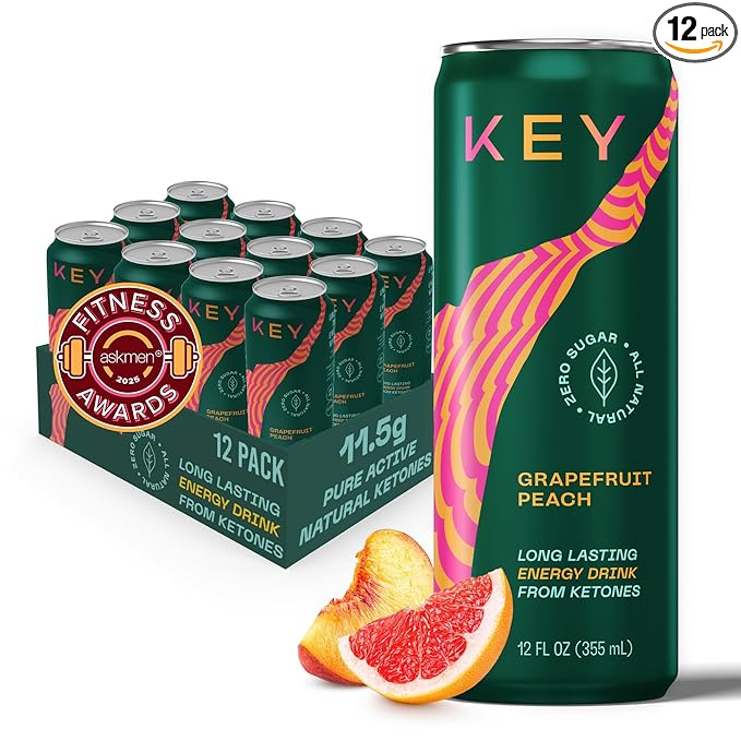 KEY Ketone Energy Drink : Sugar Free, 80mg Low Caffeine, All Natural, 11.5g Ketones, Long Lasting Energy, Green Tea & L-Theanine for Mental Focus, Grapefruit Peach (Pack of 12)-FlexoryFit