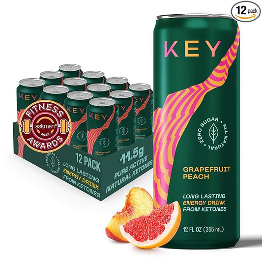 KEY Ketone Energy Drink : Sugar Free, 80mg Low Caffeine, All Natural, 11.5g Ketones, Long Lasting Energy, Green Tea & L-Theanine for Mental Focus, Grapefruit Peach (Pack of 12)-FlexoryFit