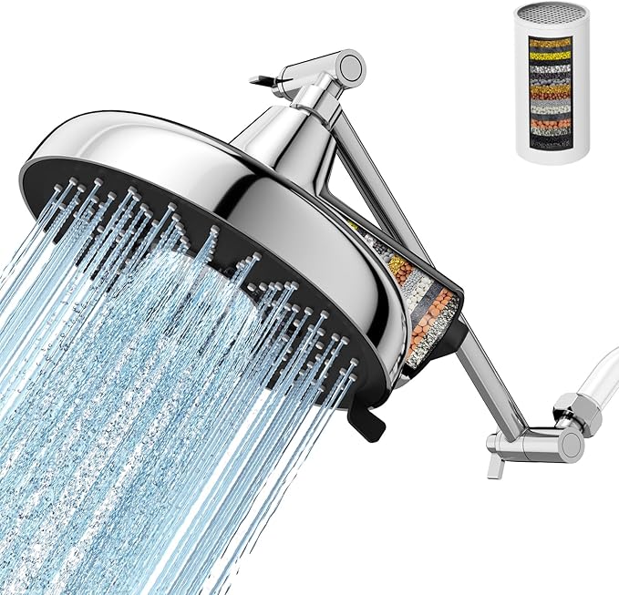 Filtered Shower Head with Extension Arm - EMBATHER 8 Inch High Output Showrhead with 3 Spray Settings, 18 Stage Filter for Hard Water, 11" Adjustable Arm, Brass Swivel Ball Jiont, Chrom