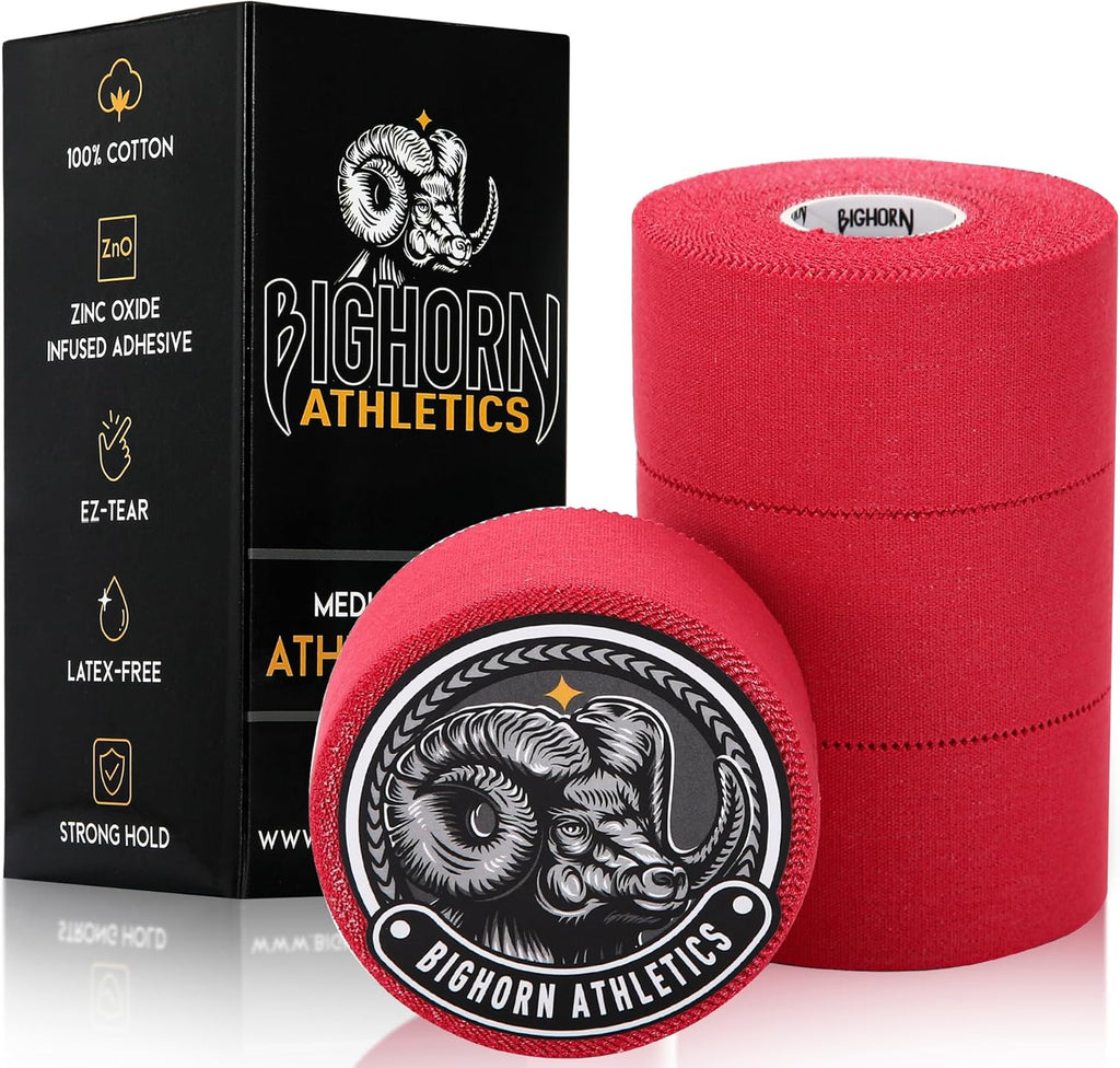 Bighorn Athletics Sports Tape | EZ-Tear Red Athletic Tape for Wrist, Hand, Ankle & Foot Support | Zinc Oxide Infused & Latex-Free Adhesive, Breathable Cotton Fabric, 1.5-Inch x 45-Feet, 4 Rolls, Red