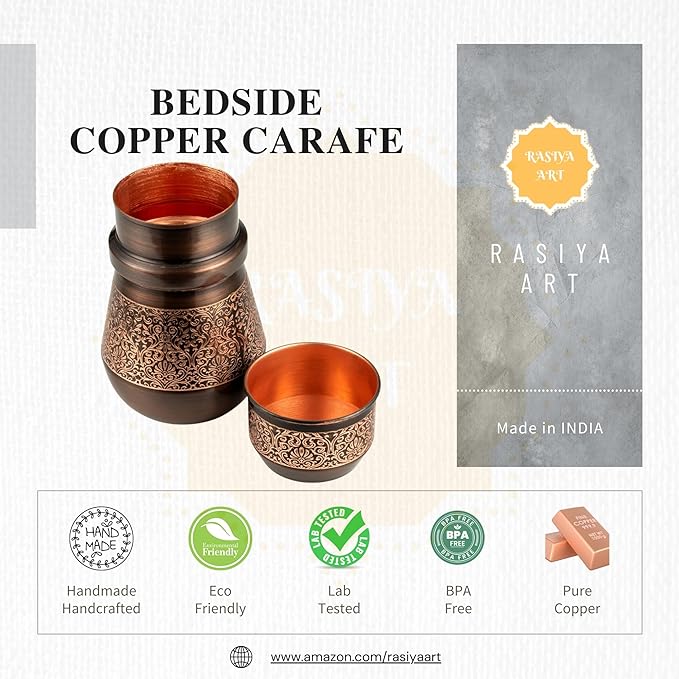 Bedside Water Carafe - Copper Bottle for Drinking Water- Pitcher with Lid - Ayurveda Healing Benefit Heavy Duty Vessel - 34 Oz
