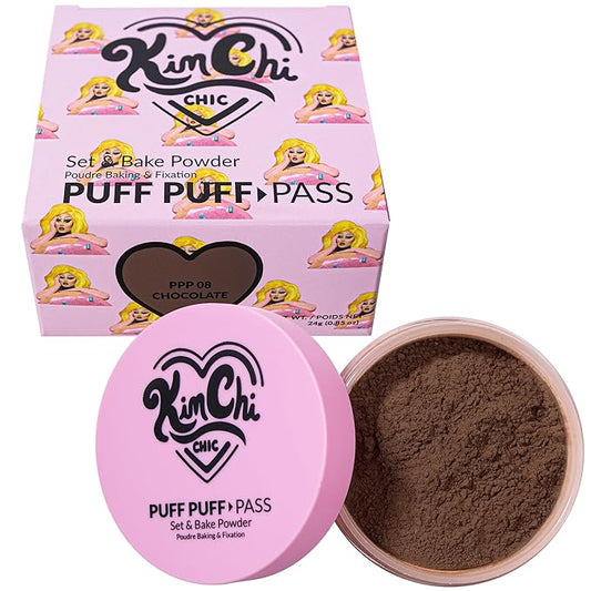 Kimchi Chic Beauty Puff Puff Pass Set and Bake Setting Powder for Makeup, Extra Fluffy Loose Face Powder Poof, Soft Natural Face Makeup for Uneven Skin Tone, 08 Chocolate-FlexoryFit
