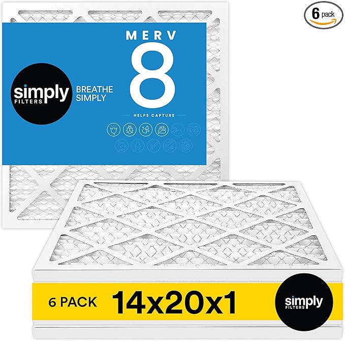 Simply 14x20x1 Air Filter, MERV 8, MPR 600, 6 Pack, For Home AC Furnace & HVAC (Actual Size: 13.75"x19.75"x0.75") DUST, Pet, & Allergy Control