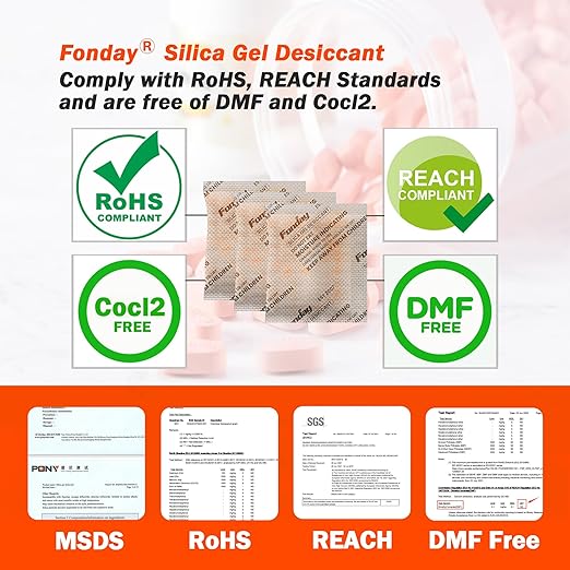 50Gram 20Packets Fonday Rechargeable Silica Gel Desiccant Packets Food Grade Fast Reactivate Desiccant Bags Moisture Indicating Orange to Green