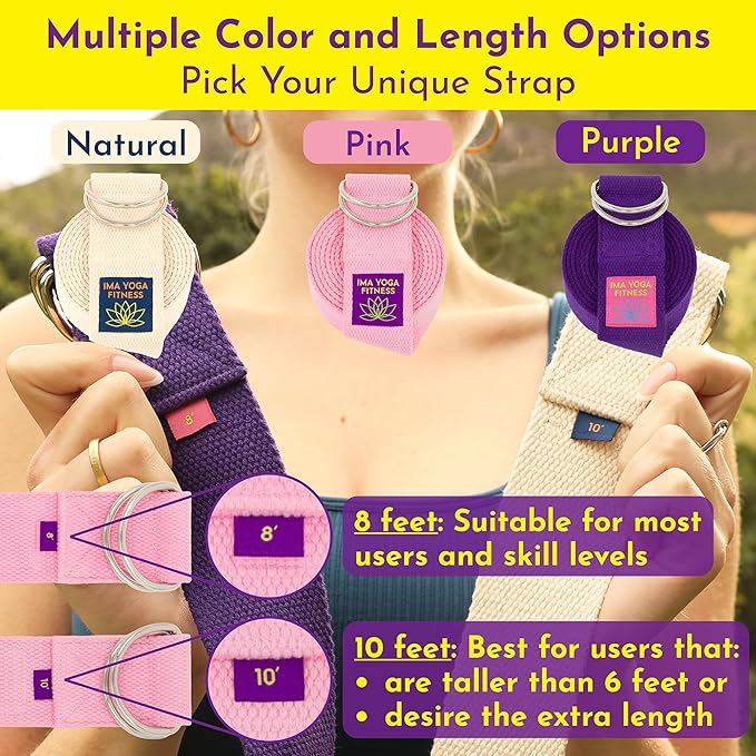 Adaptive Yoga Strap, Stretching Strap, 2 Inches Wide, 100% Naturally Soft Cotton, Steel D-Rings, Includes Natural Cotton Drawstring Storage Pouch and Instructional E-Book-FlexoryFit
