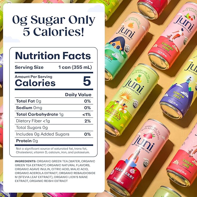 Juni Sparkling Adaptogen Drink with Ashwagandha, Lion's Mane & Reishi Mushrooms | Green Tea for Focus | Zero Sugar, 5 Calories | All Flavors 24-Pack-FlexoryFit