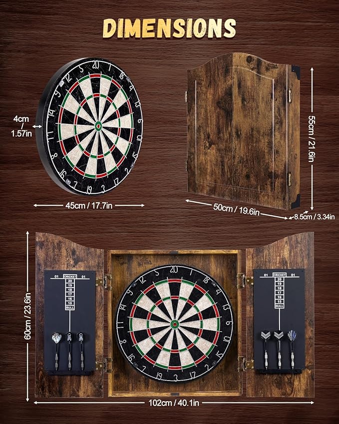 Sisal Dart Board Cabinet Sets, Decorative Dart Boards for Adults [6*Steel Darts] - Wooden Dartboard Cabinet with Integrated Scoreboard for Family Game Rooms