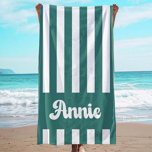 JML Personalized Beach Towel with Name, Custom Cabana Stripe Beach Towel, Customized Microfiber Pool Towel, Quick Dry & Absorbent Swim Towel for Adult,Mother's Day, Birthday, Summer Holiday,Vacation-FlexoryFit