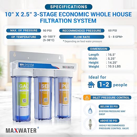 Max Water 3 Stage (Good for City & Cottage Water) 10 inch Standard Water Filtration System for Whole House - Pleated Sediment + Sediment + GAC - ¾ Inlet/Outlet - Model : WH-SC7
