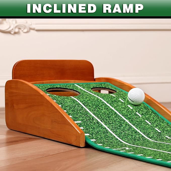 CHAMPKEY Premium Wooden Golf Mat with 3 Putting Gates - Realistic Putting Surface Simulates Green - Improve Accuracy