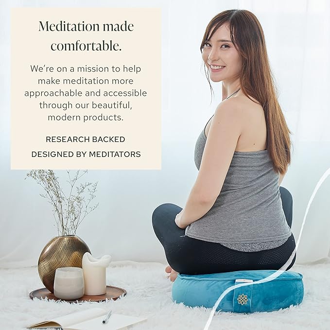 Mindful & Modern Velvet Meditation Cushion | Luxe Zafu Yoga Floor Pillow Seat | Posture Support | Buckwheat Hull Filled | Large Round Cushion with Removable Washable Cover + Carry Handle | Color Teal-FlexoryFit