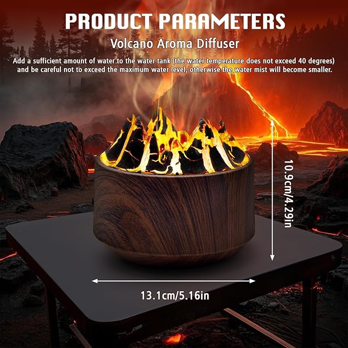 Volcano Essential Oil Diffuser, 300ml Cool Mist Humidifier with 6-Color LED Light, Auto Shut-Off, Dark Wood