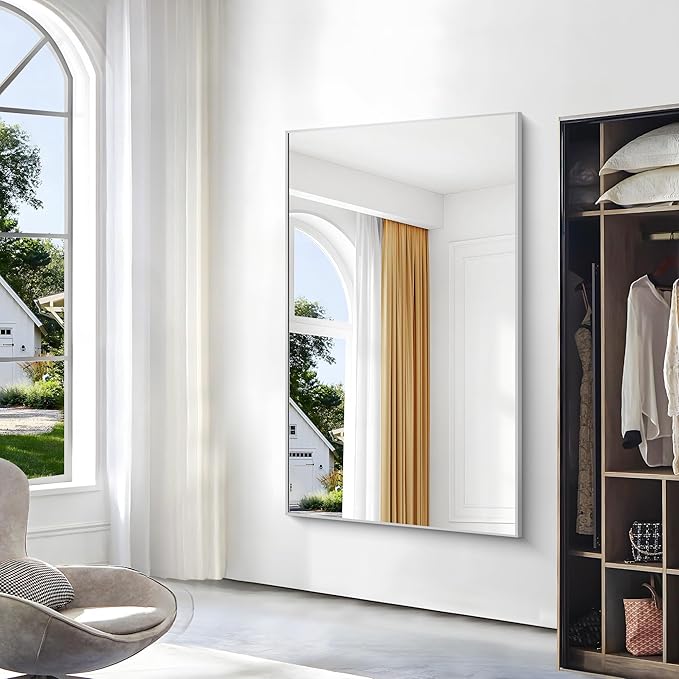 Silver Bathroom Mirror,60x36 inch Wall Mirror for Bathroom Wall Mounted,Large Rectangle Mirror for Bathroom Over Sink,Modern Metal Frame for Living Room,Bedroom Entryway,Horizontal/Vertical