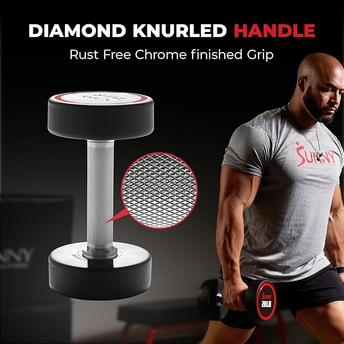Sunny Health & Fitness Premium Polyurethane Commercial Grade Round Dumbbells with Diamond Knurled Handle, Durable Strength Training Equipment for Home Gym, 5-50LB-FlexoryFit