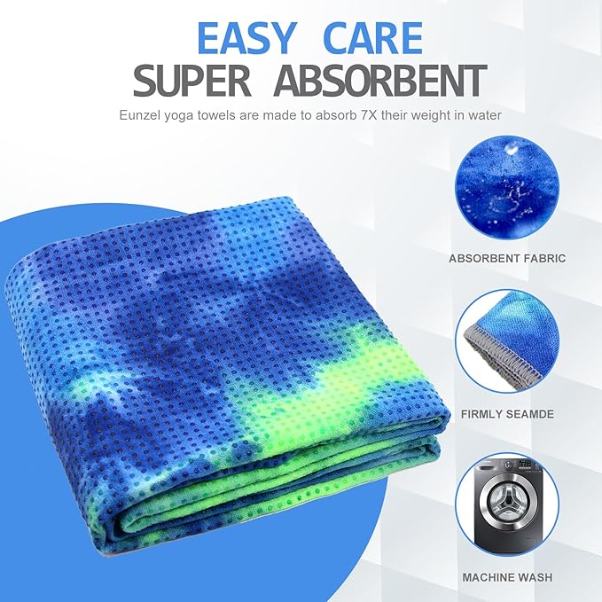 Eunzel Yoga Towel,Hot Yoga Mat Towel with Grip Dots Sweat Absorbent Non-Slip for Hot Yoga, Pilates and Workout 24" x72", Green & Blue-FlexoryFit
