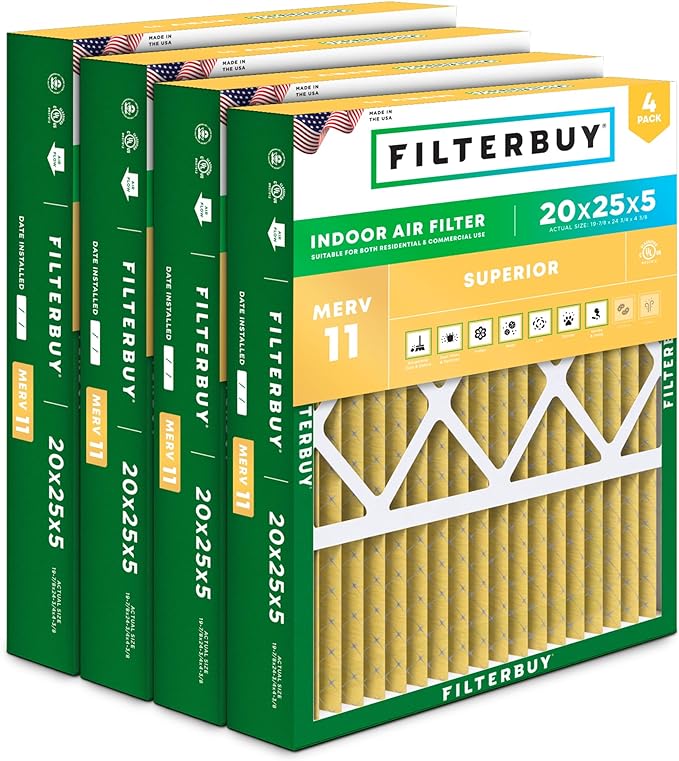 Filterbuy 20x25x5 Air Filter MERV 11 (MPR 1200) Allergen Defense (4-Pack), Pleated HVAC AC Furnace Filters for Honeywell FC100A1037, Lennox X6673, Carrier, & More (Actual Size: 19.88 x 24.75 x 4.38)