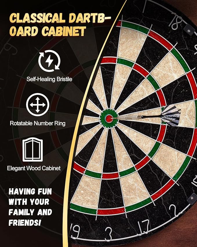 Sisal Dart Board Cabinet Sets, Decorative Dart Boards for Adults [6*Steel Darts] - Wooden Dartboard Cabinet with Integrated Scoreboard for Family Game Rooms