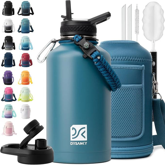 Insulated Water Bottle | Thickened Stainless Steel Vacuum Metal | Portable Sports Half Gallon Large Water Jug for Gym and Hiking with Straw, Carrier Bag, Handle Strap | BPA-Free 64 oz-FlexoryFit