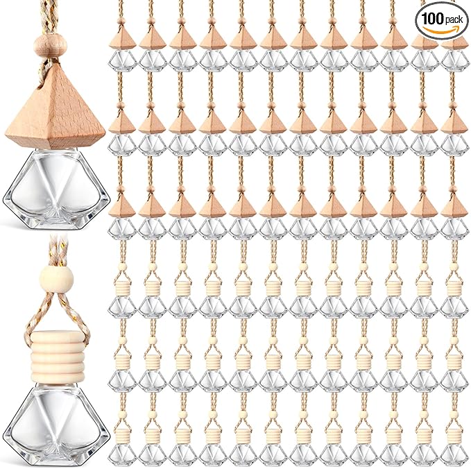 BBTO 100 Pcs Car Air Fresheners Diffuser with Wooden Cap Empty Aromatherapy Diffuser Clear Car Fragrance Holder Pendant Hanging Perfume Fresheners Bottles for Car Decor (Clear Diamond)
