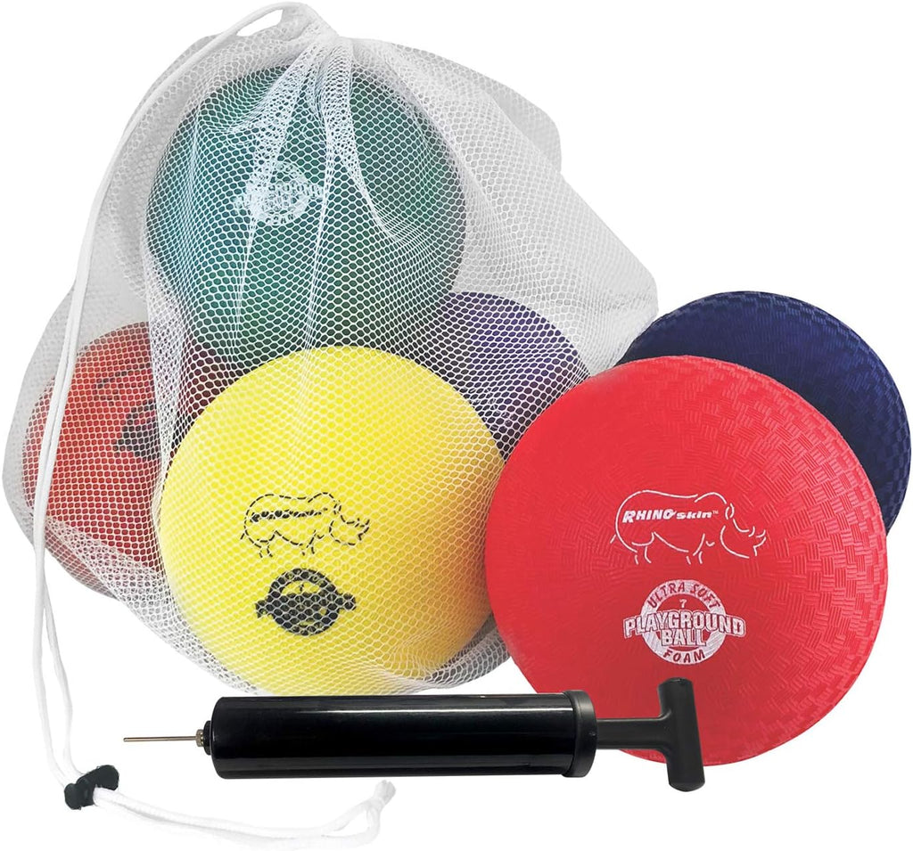 Champion Sports Super Soft Playground Ball Set – Rhino Skin® Foam Inflatable Balls for Indoor & Outdoor Play Durable, Lightweight & Safe for All Ages, Set of 6 with Pump & Mesh Bag