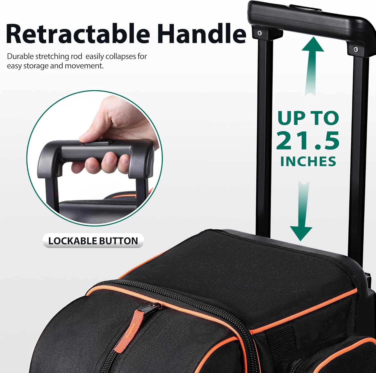 Double Roller 2 Ball Bowling Bag with Separate Shoe Compartment for Bowling Shoes (Up To US Mens Size 15) and Oversized Accessory Pocket, Retractable Handle - Extends to 40"