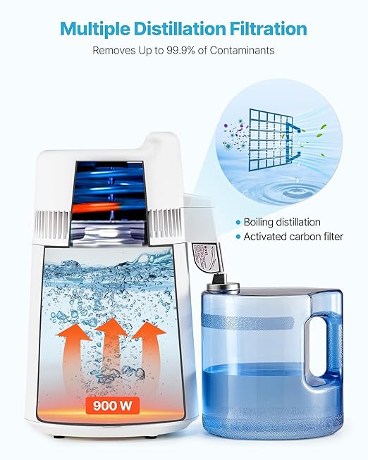 VEVOR Water Distiller, 6L 1.6 Gallon Larger Pure Water Purifier Filter for Home Table Countertop, 900W Plastic Distilled Maker, Stainless Steel Interior Drinking Machine to Make Clean Waters, White