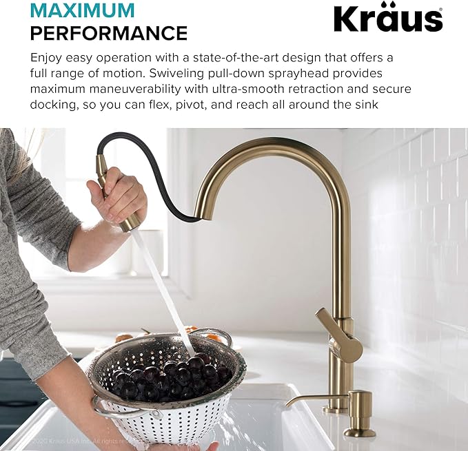KRAUS Oletto Single Handle Pull Down Kitchen Faucet in Spot-Free Brushed Brass, KPF-2820BB