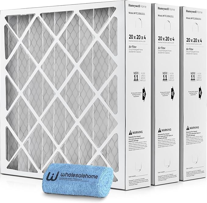 Honeywell 20x20x4 Air Filter Replacement MERV 11, FC100A1011 Pleated HVAC AC Furnace Filters with Wholesalehome Cleaning Cloth, 3-Pack (Actual Size: 19.94 x 19.75 x 4.38 Inches)