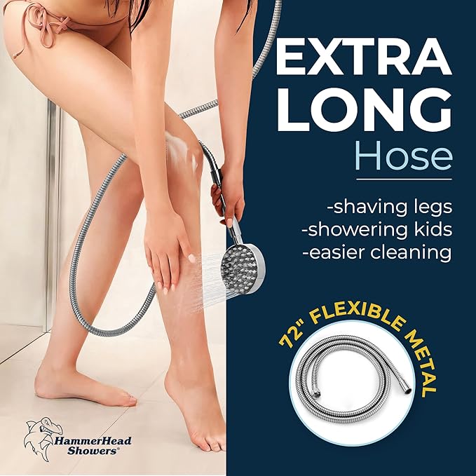 HammerHead Showers® Solid Metal Handheld Shower Head with Hose and Brass Holder - CHROME - 2.5 GPM High Pressure Shower Heads with Adjustable Shower Wand Bracket - 6ft Flexible Extension