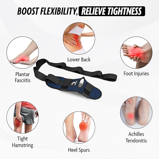 DMoose Fitness Foot & Calf Stretcher with Adjustable Padded Stretching Strap for Plantar Fasciitis, Hamstring, Heel Spurs and Achilles Tendonitis Relief - Yoga Leg Stretch Strap for Flexibility-FlexoryFit