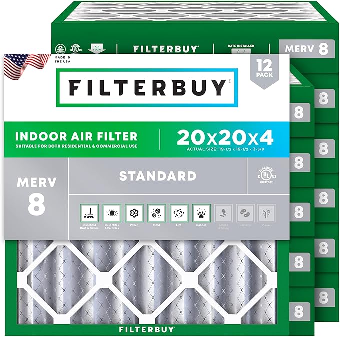 Filterbuy 20x20x4 Air Filter MERV 8 (MPR 700) Dust Defense Replacement (12-Pack), Electrostatic Pleated HVAC AC Furnace Filters, Made in USA (Actual Size: 19.50 x 19.50 x 3.63)