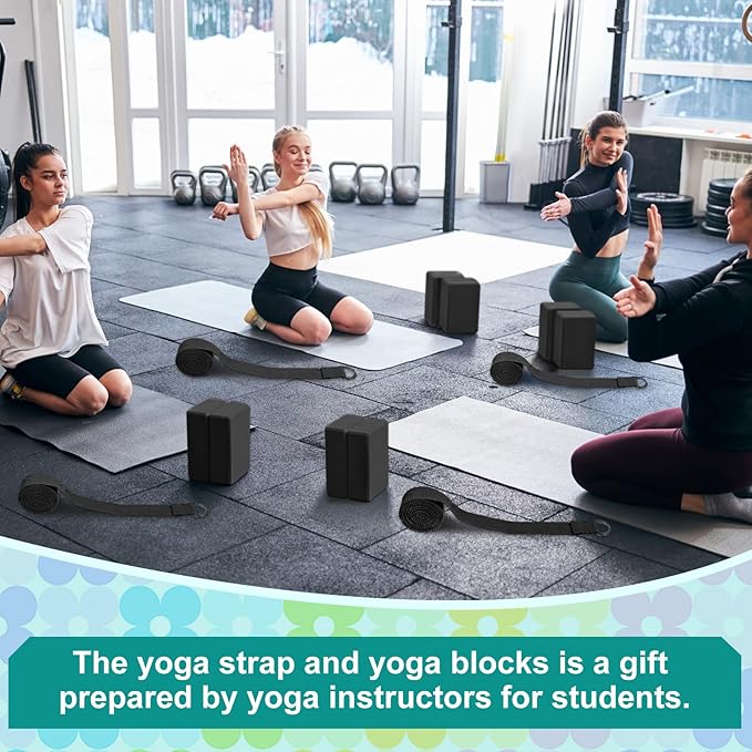 Meooeck 18 Pcs Yoga Block and Strap Set 9 x 6 x 3 Inch EVA Foam Non Slip Brick 8 ft Yoga Straps for Stretching D Ring Design for Back to School Pilates Fitness Workout Exercise-FlexoryFit