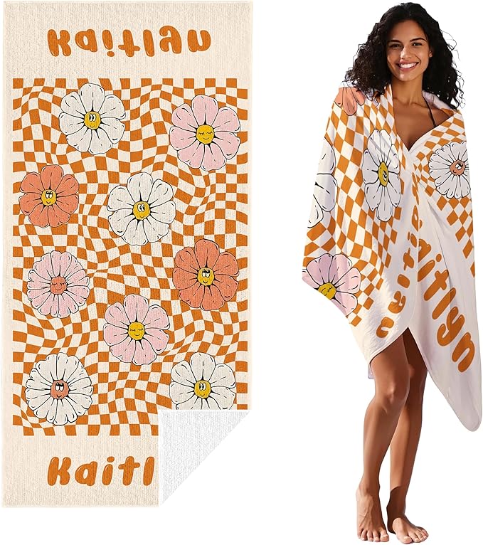 JML Personalized Beach Towel with Name, Custom Flower Beach Towel, Customized Microfiber Pool Towel, Quick Dry & Absorbent Swim Towel for Adult,Anniversary, Birthday, Summer Holiday,Vacation-FlexoryFit